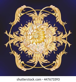 Medieval floral royal pattern. Decorative symmetry arabesque. Gold on black background. Good for greeting card for birthday, invitation or banner. Vector illustration. 
