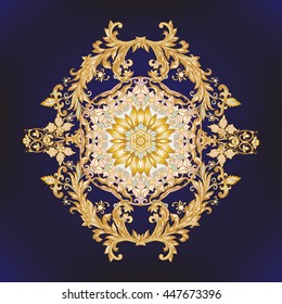Medieval floral royal pattern. Decorative symmetry arabesque. Gold on black background. Good for greeting card for birthday, invitation or banner. Vector illustration. 