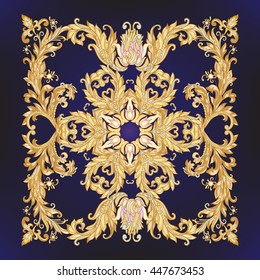 Medieval floral royal pattern. Decorative symmetry arabesque. Gold on black background. Good for greeting card for birthday, invitation or banner. Vector illustration. 