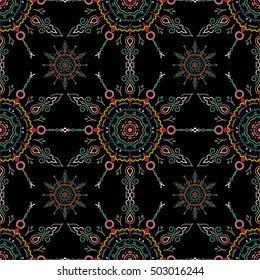 Medieval floral royal pattern. Decorative symmetry arabesque. Green seamless pattern on a black background. Good for greeting card for birthday, invitation or banner. Vector illustration.