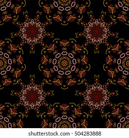 Medieval floral royal pattern. Decorative symmetry arabesque. Orange seamless pattern on a black background. Good for greeting card for birthday, invitation or banner. Vector illustration.