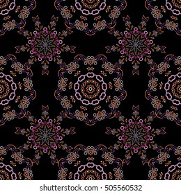 Medieval floral royal pattern. Decorative symmetry arabesque. Magenta and orange seamless pattern on a black background. Good for greeting card for birthday, invitation or banner. Vector illustration.