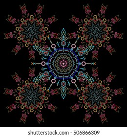 Medieval floral royal pattern. Decorative symmetry arabesque. Multicolor seamless pattern on a black background. Good for greeting card for birthday, invitation or banner.