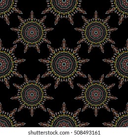 Medieval floral royal pattern. Decorative symmetry arabesque. Green seamless pattern on a black background. Good for greeting card for birthday, invitation or banner. Vector illustration.