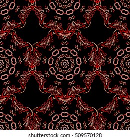 Medieval floral royal pattern. Decorative symmetry arabesque. Red seamless pattern on a black background. Good for greeting card for birthday, invitation or banner. Vector illustration.