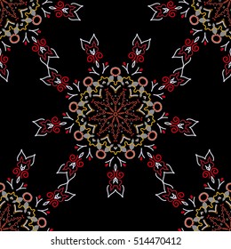 Medieval floral royal pattern. Decorative symmetry arabesque. Yellow, red and orange seamless pattern on a black background. Good for greeting card for birthday, invitation or banner. Vector sketch.