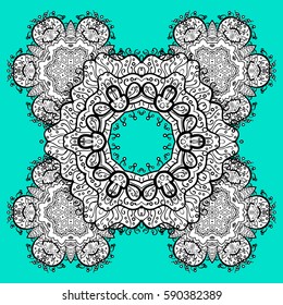 Medieval floral royal pattern. Decorative symmetry arabesque. White on blue and white background. Good for greeting card for birthday, invitation or banner. Vector illustration.
