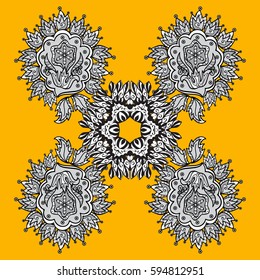 Medieval floral royal pattern. Decorative symmetry arabesque. White on yellow and white background. Good for greeting card for birthday, invitation or banner. Vector illustration.