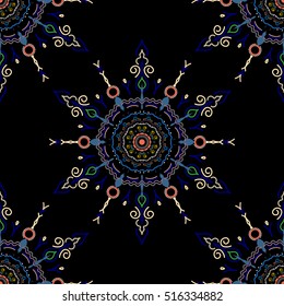 Medieval floral royal pattern. Neutral, blue and beige seamless pattern on a black background. Vector design. Good for greeting card for birthday, invitation or banner. Decorative symmetry arabesque.