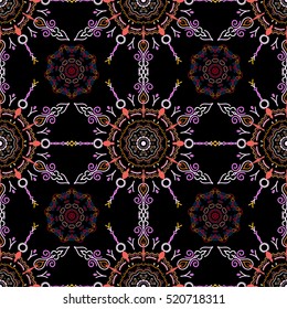 Medieval floral royal pattern. Neutral, brown and red seamless pattern on a black background. Good for greeting card for birthday, invitation or banner. Decorative symmetry arabesque. Vector design.