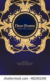 Medieval floral royal pattern with space for text. Decorative symmetry arabesque. Gold on black background. Good for greeting card for birthday, invitation or banner. Vector illustration. 