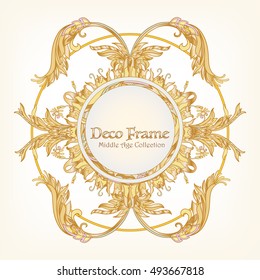 Medieval floral royal pattern with space for text. Decorative symmetry arabesque. Gold on white background. Good for greeting card for birthday, invitation or banner. Vector illustration. 