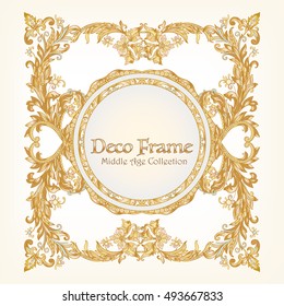 Medieval floral royal pattern with space for text. Decorative symmetry arabesque. Gold on white background. Good for greeting card for birthday, invitation or banner. Vector illustration. 