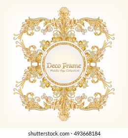 Medieval floral royal pattern with space for text. Gold on white background. Good for greeting card for birthday, invitation or banner. Vector illustration. 