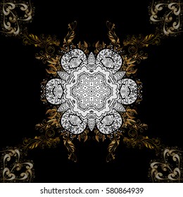 Medieval floral royal pattern. Vector illustration. Gold on black background. Decorative symmetry arabesque. Good for greeting card for birthday, invitation or banner.