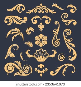 Medieval flourish ornaments. Victorian graphic elements. Gold patterns on dark backgrond. Vintage vector elements.