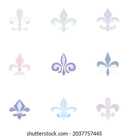 Medieval flourishes. Fleur de lis mardi gras decorations. Lys flower medieval set. Middle age embellishments, symbols and emblems. French ornaments. Cavalry, shields and tournaments.