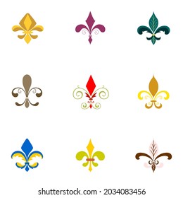 Medieval flourishes ornaments. Ancient Fleur de lis decorations collection. Lis flower medieval set. Middle age decorations, symbols and emblems. Cavalry, shields and tournaments. Mardi gras.