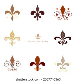 Medieval flourishes ornaments. Fleur de lis decorations collection. Lys flower medieval set. Middle age embellishments, symbols and emblems. Cavalry, shields and tournaments.