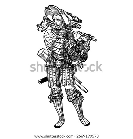 Medieval Flute Player Hand Drawn Engraving Illustration