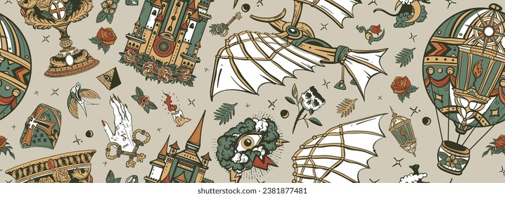 Medieval flying machines, air balloon, holy grail, middle age castle. Old school tattoo vector seamless pattern. Leonardo Da Vinci style. Traditional tattooing background