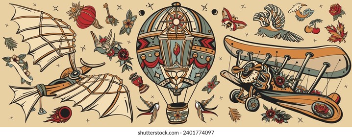 Máquinas voladoras medievales, globo de aire, aeroplano retro. Estilo Leonardo Da Vinci. Juego tradicional de tatuajes. Colección vectorial de tatuajes vintage de la vieja escuela