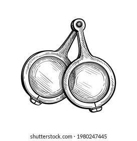 Medieval folding spectacles. Ink sketch of ancient eyeglasses isolated on white background. Hand drawn vector illustration. Vintage style stroke drawing.