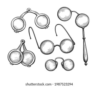 Medieval folding spectacles, pince-nez, lorgnette and round eyeglasses. Ink sketch set isolated on white background. Hand drawn vector illustration. Vintage style stroke drawing.