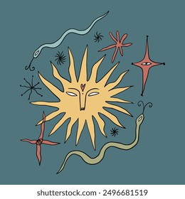 Mittelalterliche Volkskarikatur Märchen lustig groovy whimsical Sonne und Schlangen flache Kunst. Doodle stellar himmlisch niedliche Astronomie und Astrologie Zeichen. Mittsommer oder Litha Urlaub. handgezeichneter Bohemian