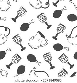 Medieval Food and Drink Seamless Pattern. Doodle repeat tavern background with falling vintage Middle Ages goblet cup jug chicken leg. Vector illustration