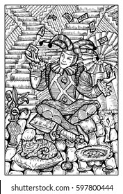 Medieval Fool with tarot cards, cat and staircase. Hand drawn vector illustration. Engraved line art drawing, black and white doodle. 