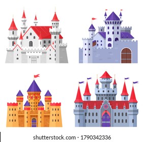 Medieval fort castle vector illustration set. Cartoon flat old fantasy kingdom collection of royal fairytale fortress for king and queen, fairy citadel, fortified palaces with gate isolated on white