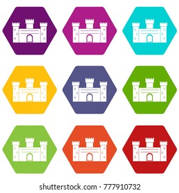 Medieval fortification icon set many color hexahedron isolated on white vector illustration