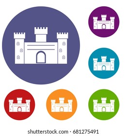 Medieval fortification icons set in flat circle red, blue and green color for web