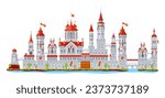 Medieval fortress castle building with walls and palace gate or tower turret and bridge, vector fort. Cartoon fantasy kingdom building and fairy tale fortress castle or royal town and citadel fort