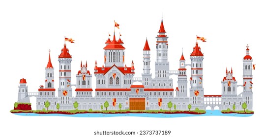 Medieval fortress castle building with walls and palace gate or tower turret and bridge, vector fort. Cartoon fantasy kingdom building and fairy tale fortress castle or royal town and citadel fort svg