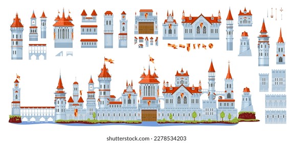 Medieval fortress castle constructor. Vector architecture elements of ancient palace building, stone walls, towers, flags and archways, gates and windows set. Fantasy castle, palace, fort and citadel svg
