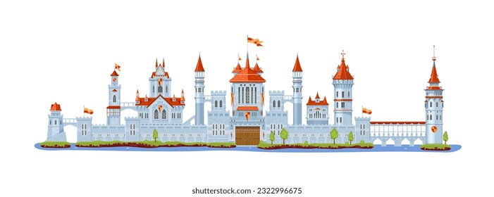 Medieval fortress castle. Gate, tower and turret, bridge, fort, wall and palace. Isolated cartoon vector impenetrable architecture featuring towering stone facade with imposing drawbridge and flags