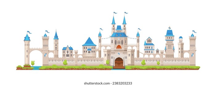 Medieval fortress castle. Gate, tower and turret, bridge, fort, wall and palace. Ancient king medieval castle vector backdrop, royal fortress or fantasy kingdom palace with towers, moat and drawbridge