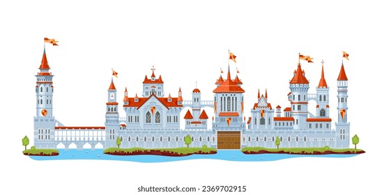 Medieval fortress castle tower and turret, wall and palace, gate, bridge and fort, vector fairytale princess or king house architecture. Ancient fortified castle, palace, fortress, citadel and mansion