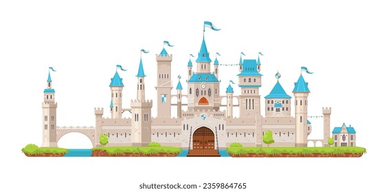 Medieval fortress castle wall and palace, gate, tower and turret, bridge and fort. Medieval king castle. Fairytale royal fortress or ancient kingdom palace gate with drawbridge, flags on blue towers