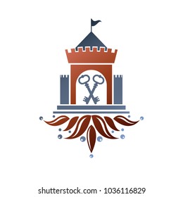 Medieval fortress decorative isolated vector illustration.  Ornate Fortress logo in old style on isolated white background.