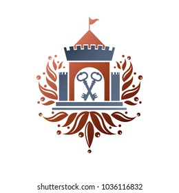 Medieval fortress decorative isolated vector illustration.  Antique Fortress logo in old style on isolated white background.