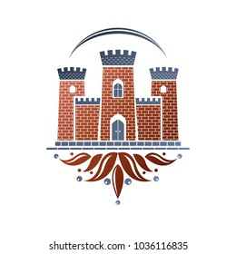 Medieval fortress decorative isolated vector illustration. Ornate Fortress logo in old style on isolated white background.