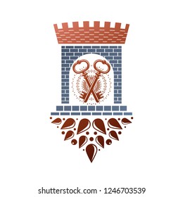 Medieval fortress decorative isolated vector illustration. Retro Castle logo in old style on white background.