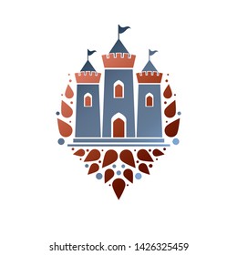 Medieval fortress decorative isolated vector illustration. Retro Castle logo in old style on white background.