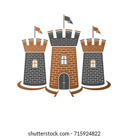 Ilustración vectorial aislada decorativa de fortaleza medieval. Logo del antiguo Fuerte en estilo antiguo aislado en fondo blanco.