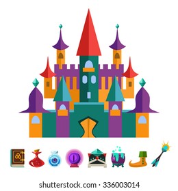 Medieval Fortress and Elements for Games. Vector Flat Illustrations