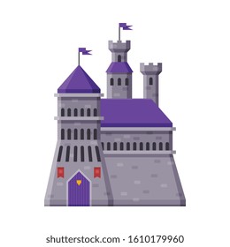 Medieval Fortress, Fairytale Castle with Towers, Ancient Fortified Palace Exterior Vector Illustration