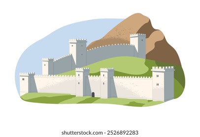 Medieval fortress in mountain landscape. Ancient castle, historical chateau, royal fort, kingdom building with towers. Stone walls of old city. Flat isolated vector illustration on white background